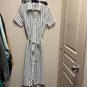 Glamorous midi black & white striped button front dress with tie medium